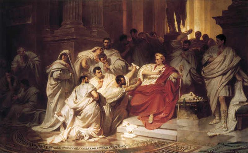 Assassination of Julius Caesar, Conspirators surround Julius Casaer, March 15, 44 B.C.  The senators encircle Caesar. A 19th century interpretation of the event by Carl Theodor von Pilo